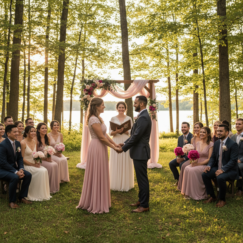 Elegant wedding ceremony setup with floral arrangements and aisle decor