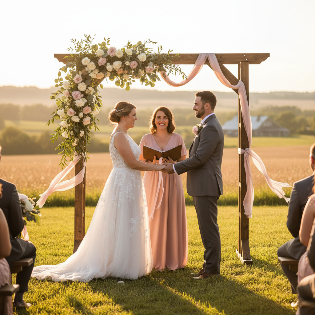 Elegant wedding ceremony setup with floral arrangements and natural lighting - Weddings by Pam, wedding officiant in Angus, ON
